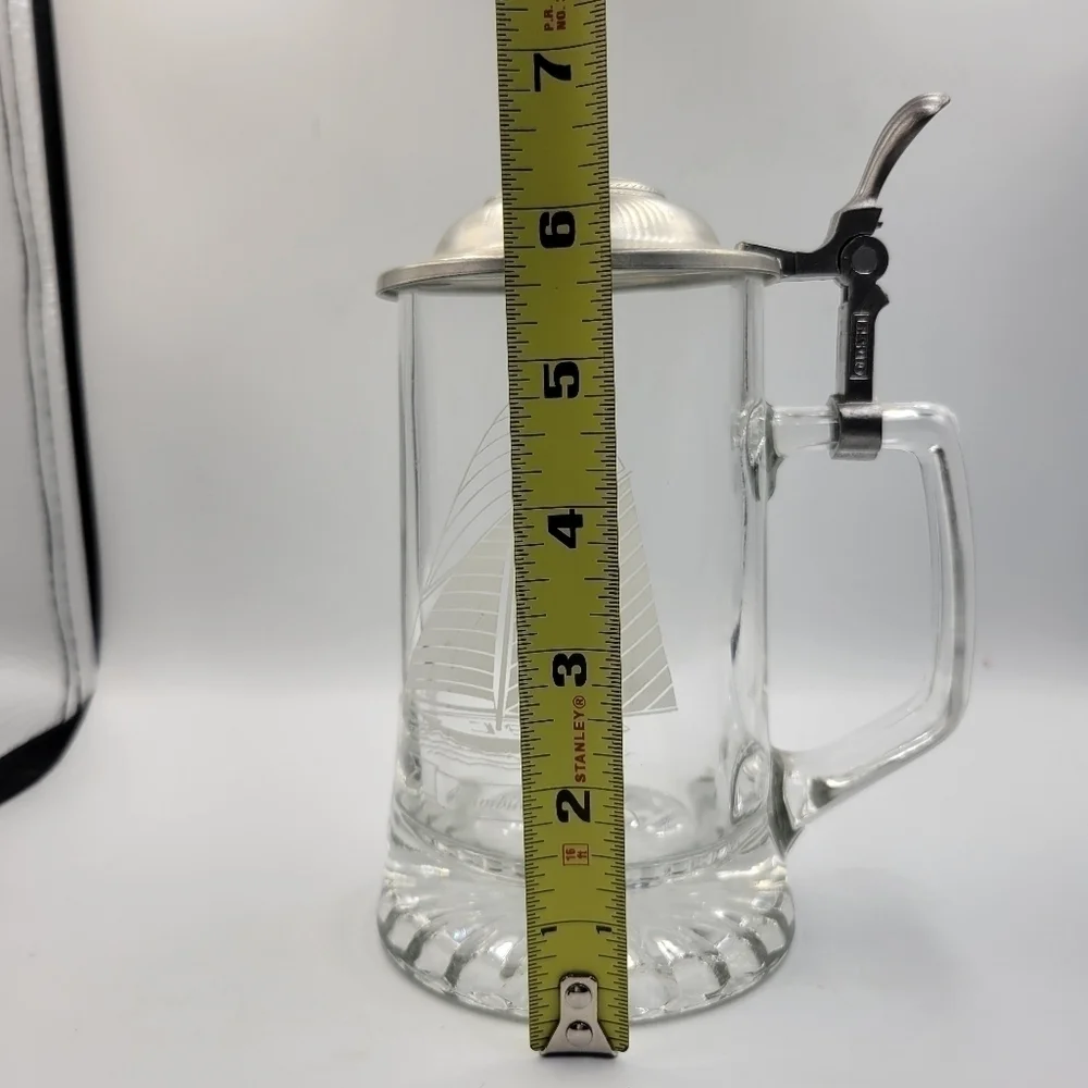 Columbia 1901 Glass Beer Mug Stein Etched Ship Anchor Lid Old Spice Alwe Germany
